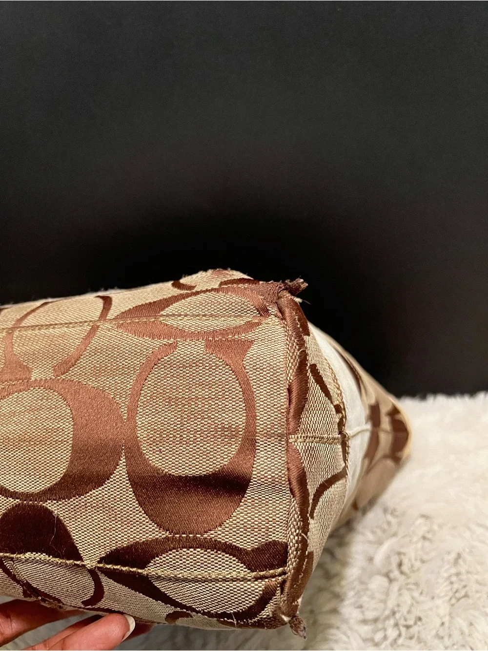 Vintage Coach y2k Two-Tone Signature Stripe Canvas Tote in Brown and Cream